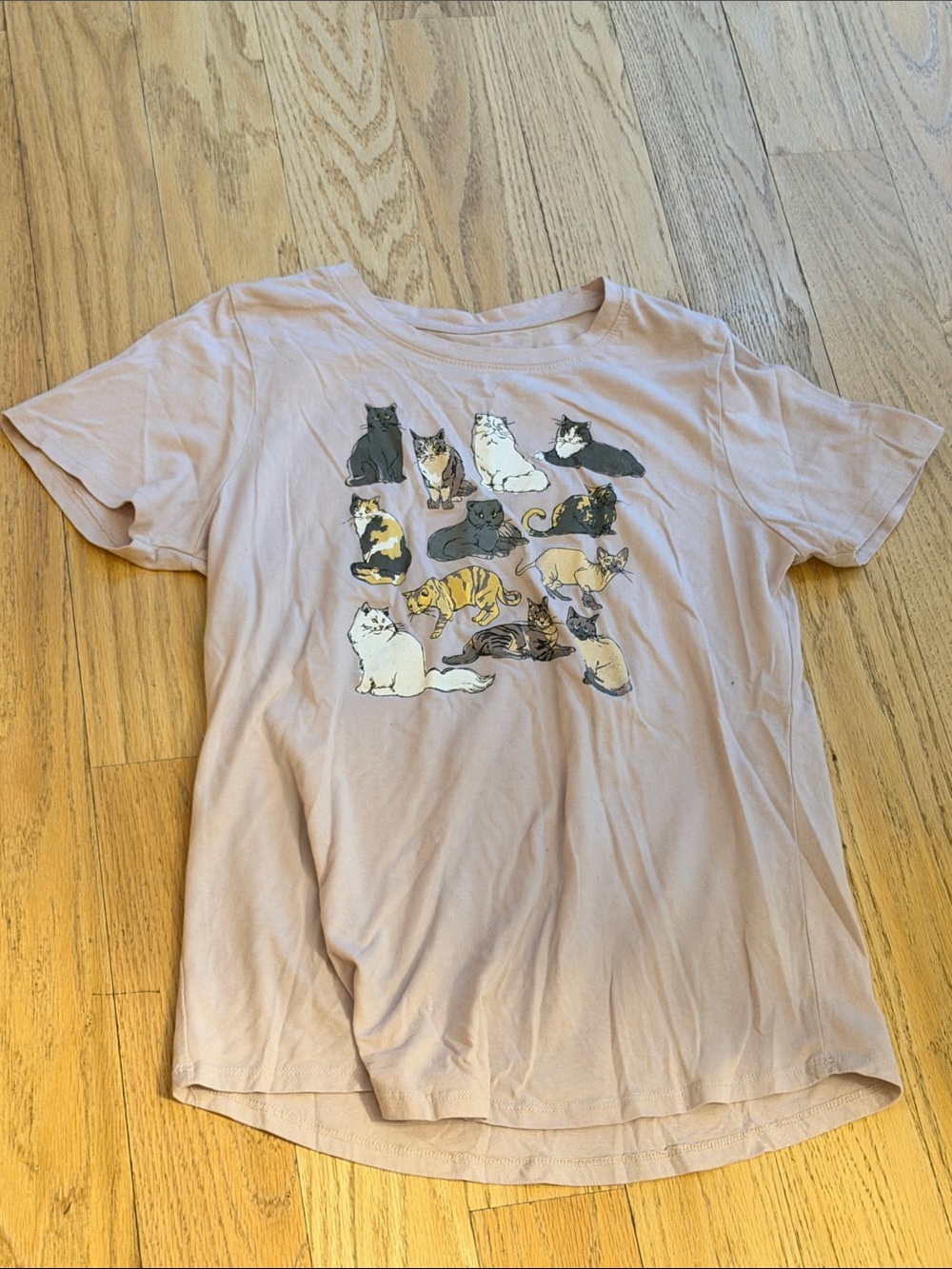Mighty Fine Pale Pink Tee with Multi-Cat Illustration